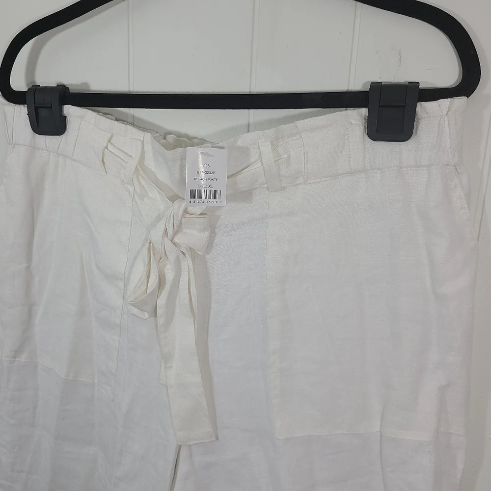 Saks Fifth Avenue Pants Linen Wide Leg Tie Waist Lagenlook Crop Ankle Off White - Picture 2 of 8